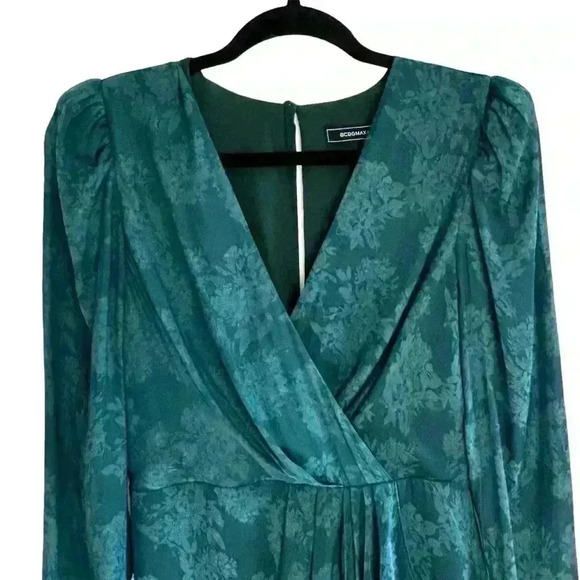 BCBGMAXAZRIA Vera Surplice Dark Teal Green Floral Jaquard Mini Dress Size 4 - Picture 6 of 12